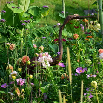 héron en métal / sculpture / massif de fleurs